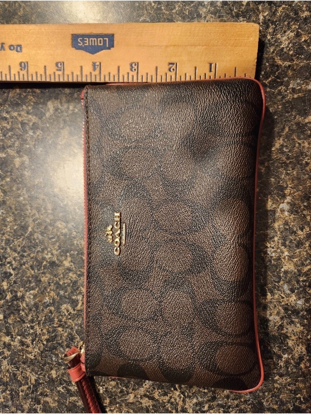 Coach Signature Zip Wallet Wristlet in Brown with pink trim